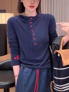 Womens Long Sleeve T-Shirt with Hood Embroidery Slim Fit Fashionable Early Autumn New Style Versatile Slimming Letter Stitching Base Shirt Top