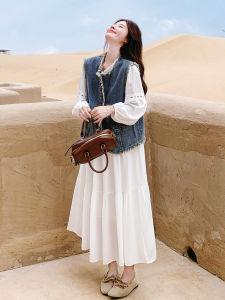 Light Beige French Gentle Style Dress Set Womens 2025 Autumn New Vintage Denim Vest Two-Piece Set Loose Fit Casual Wear