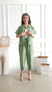 STELAN SET WANITA / STELAN WANITA KEKINIAN / ONE SET KEMEJA + CELANA WANITA 7/8 BAHAN KATUN LINEN IMPORT POLOS by SENJANRICH - HT-015