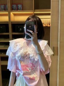 Sweet Princess Print Short Sleeve T-Shirt Dongda Gate 2025 Summer New Lace Design Doll Collar Korean Style Casual Loose Fit