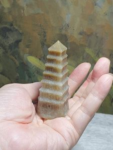 Premium Nephrite caramel brownish whitish 3-dimensional 7 Storeys Pagoda Jade handheld/display (with certificate) [Natural Crystal] 和田玉且末糖白立体文昌塔七级浮屠(七层宝塔)手把/摆件(带证书) 庄严古朴  无量功德