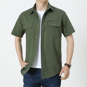 Mens Short Sleeve Cotton Shirt Loose Fit Workwear Large Size Pocket Detail Fashionable Summer Thin Pure Color Stand Collar