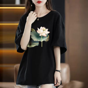 Summer Trendy Short Sleeve Womens T-shirt 2024 New plus Size Cotton Printed Midi Top Korean Style Casual Comfortable Fit