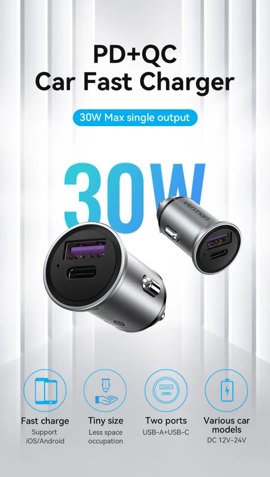 Vention 30W Car Charger PD Quick Charge SCP USB Type C