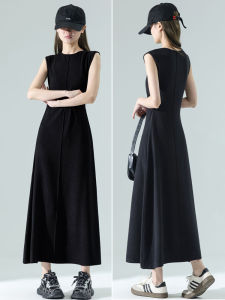 New 2025 Spring Black Sleevelessdress Slim Fit Lengthy Women Garment Casual High Waist Polyester Fiber round Neck A-line Skirt