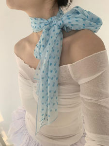 Blue Polka Dot Silk Scarf Necktie Womens Thin High-End Long Strip Photography Accessory Korean Style Spring Summer Autumn