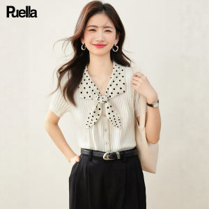 puella | Áo Nữ Đính Chấm Bi Ôm Sát Cổ Peter Pan Phối Màu Thời Trang Mùa Hè