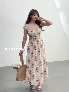 JULULOOK | Berry Summer French Style Puff Sleeve Waist-Cinching Maxi Dress