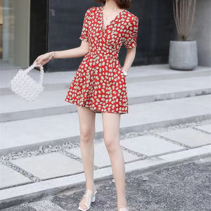 Fresh Floral Print Bodysuit Shorts Womens Slimming Sweet Young-looking Summer Ensemble Casual Mid-waist Average-thickness