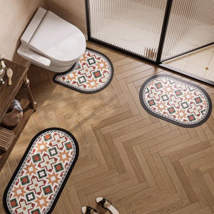 ชุดเช็คเท้าสไตล์วีนเทจ ปูพื้นห้องน้ำรูปตัว U กันลื่นดูดซับน้ำได้ดี แผ่นดูดซับโคลนไดอะตอม