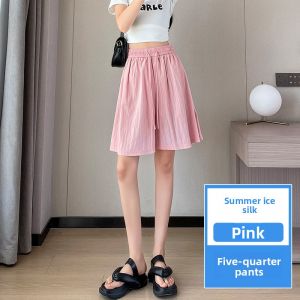 YAMIANNV | High Waist Ice Silk Drapey Wide Leg Short Pants For Plus Size Women Summer Street Style Nylon Spandex Blend Comfortable Fit