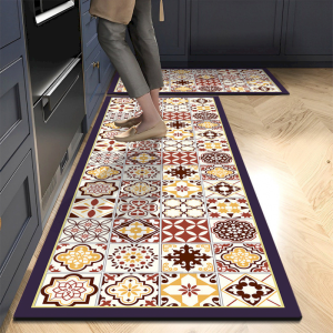 VIKAMA Retro Moroccan Geometric Kitchen Carpet Anti slip Oil Absorbing Washable Floor Mat Retro Flower Floor Mat Home Decoration