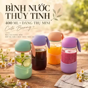 Bộ 4 Bình Nước Thủy Tinh 400ml Bọc Silicone Nắp Thỏ Con Dễ Thương