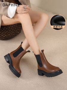 Daphne Chelsea Boots Womens Thick Bottomed British Style Short Boots Versatile Smokestack Boots Casual Mid-Calf Autumn Boots