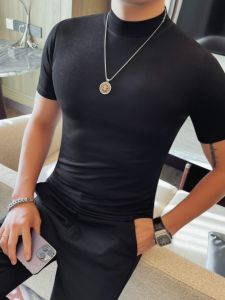 Mens Slim Fit Short Sleeve T-Shirt Half High Collar Casual Versatile Elastic Base Shirt Fashionable Solid Color Summer Leisure