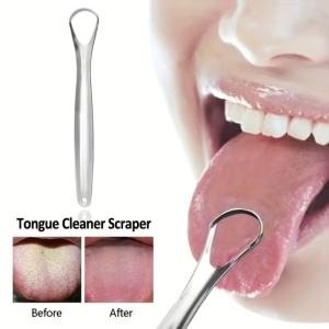 C.three 1PCS Stainless Steel Tongue Scraper Reusable Tongue Brush Cleaning Scraper Oral Care Keep Fresh Breath Improve Oral Hygiene Tongue Cleaner Tools