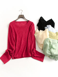 Pure Color Loose Thin Slimming Outerwear Cover-up Tops round Neck Long Sleeves Air Conditioning Shirt Sun Protection Clothing Female Knitwear S249