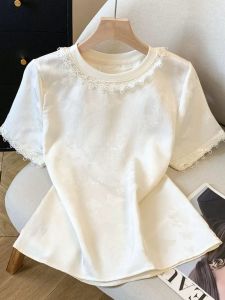 Lace Short Sleeve Shirt Large Size Slimming Top