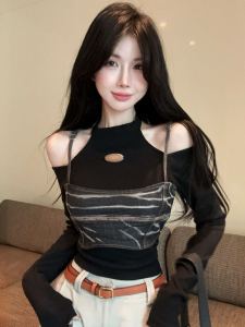 เสื้อยืดแขนยาวเปิดไหล่สไตล์สาวเผ็ดร้อน ดีไซน์เสื้อกั๊กแขนกุด แฟชั่นฤดูใบไม้ร่วง ผ้าฝ้ายผสมโพลีเอสเตอร์ ความยาวปกติ