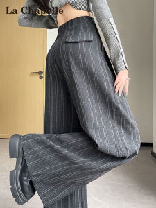La Chapelle Grey Stripe Linen Suit Pants Women Summer 2025 New High Waist Drapey Loose Wide Leg Pants Commute Style