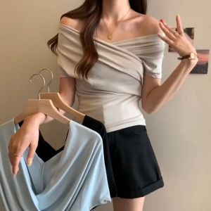 ⚡Port⚡blouses women new style 2025 Retro Cross Off Shoulder Short Top Women Niche Temperament Top Slim Fitting T-shirt 2️⃣0️⃣2️⃣5️⃣