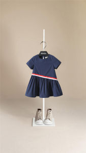 Blue Navy Style High Cotton Content Summer Dress Short Sleeve Girls Childrens Dress Thin Cotton Gored Skirt for Babies
