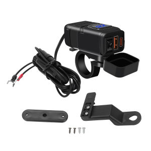 12V Motorcycle Fast Charger Dual USB Type-C Port QC3.0 Waterproof with Voltmeter Switch Handlebar Mount Power Supply Adapter