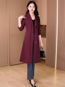 MAIMEI | Elegant Red Mom Coat 2025 New Spring Autumn High End Casual Long Sleeve Korean Style Womens Windbreaker Polyester Nylon Blend