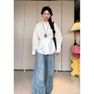 เสื้อเชิ้ตแขนยาวสีขาวทรงเข้ารูปสำหรับผู้หญิง ฤดูใบไม้ร่วง 2024 เสื้อทำงานสไตล์ใหม่ที่สวยงามและมีเอกลักษณ์เฉพาะตัว