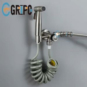 GRIPO High end 304 stainless 3 in 1 bidet gun + cord type hose + 2 way angle valve with built in holder matte finish
