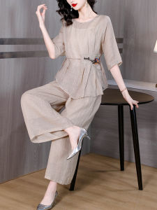 Ice Silk Linen Set Women Summer New Casual Wide Leg Pants Top Two Piece Set Mom Clothes Cotton Polyester Blend round Neck