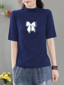 Loose Cotton T-Shirt Artistic Medium Sleeve Half High Collar Spring Summer New Style Casual Pure Cotton Five-Quarter Sleeve Top