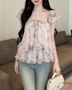 GUZILIAN | Áo Blouse Tay Phồng Hoa Văn Ngọt Ngào