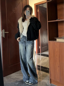 American Retro High Waist Straight Leg Denim Pants Women Loose Wide Leg Design Sense Small Audience Scythe Pants High Street Curved Knife Pants