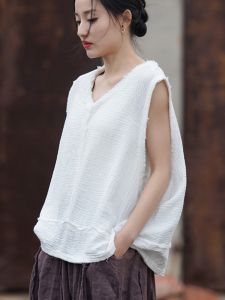 เสื้อกั๊กคอวีแขนกุดผ้าลินินหลวมๆ สำหรับฤดูร้อนปี 2025 เสื้อคลุมแบบสวมหัวแขนกุดผ้าฝ้ายผสมลินินสำหรับผู้หญิง