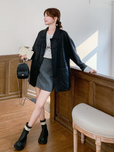 Black Retro Leather Jacket Womens Loose Fashionable Versatile Korean Style Autumn New Arrival Casual Commute Polyester Fiber