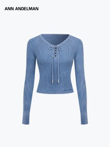 ANN ANDELMAN | Two-tone Stripe Tie Detail Lightweight V-Neck Long Sleeve Knitwear