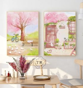 Pink Sakura Cat Childrens Room Wall Art Modern  Living Room Decorative Painting Entrance Restaurant Background Picture
