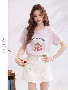 YOUXIANG | Áo Blouse Cổ Tròn In Hình Trái Cây Tay Ngắn Dễ Thương