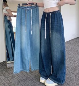 S-6XL Celana Jeans Wanita Celana Panjang Pinggang Tinggi Longgar Lurus Retro Pinggang Elastis