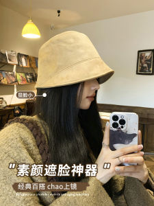 2024 Spring New Style Womens Fishing Cap Bucket Hat Face Slimming Suede Spring Autumn Japanese Style Large Head Size Bucket Hat