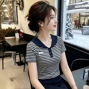 YOUFAN | Doll Collar Striped Short Sleeve Lightweight Tee