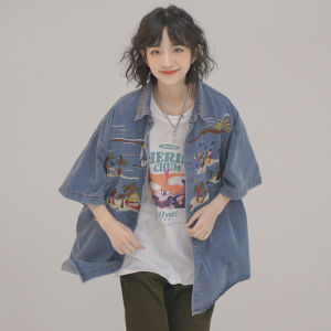 Retro American Embroidered Denim Short Sleeve Shirt Jacket Womens Lightweight Loose Casual Neutral Style Blouse Summer