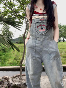 Summer Loose Denim Overalls Womens Student Style Age-Defying Small Size Straight Leg Trousers Cherry Tiancai High Waist Vintage Washed