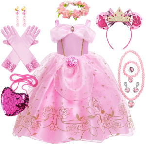 Aurora Pink Princess Dress Girl Sleeping Beauty Cosplay Costume Summer Floral Rose Print Sling Frocks 2-10 Yrs Kids Elegant Gown