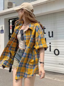 Fat mm 150.00kg Retro Contrast Color Short Sleeve Plaid Shirt Female Plus Size Summer New Arrival Shirt Coat Chic Tops