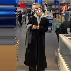 Korean Style Womens Black Woolen Coat Autumn Winter New Arrival Elegant High End Feeling Loose Fit Long Sleeve Polo Collar