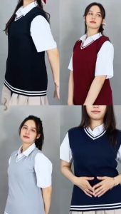 Okechuku VICKY Rompi Rajut Tebal Knit Vest List Putih Rompi Seragam - MARUN