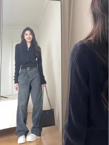 เสื้อคาร์ดิแกนถักสีดำ ทรงสลิมฟิต สำหรับผู้หญิง ฤดูใบไม้ร่วง/ฤดูหนาว ซิป แขนยาว เสื้อเชิ้ตชั้นใน เสื้อคลุมกันหนาว คอตั้ง ปกสั้น