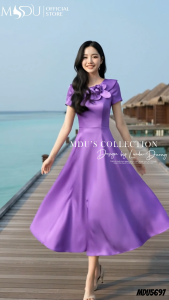 Váy Thiết Kế MDU5697 Lụa Twist Satin Cao Cấp Dáng Xòe Ép Mùng Cổ Sen Cổ Điển Tông Tím Nữ Tính